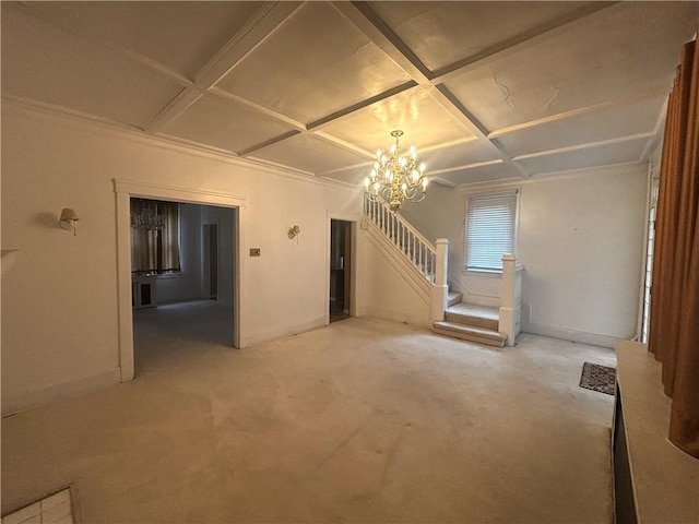 636 Lincoln Ave, East Liberty, PA 15206 - unfurnished living room with carpet, coffered ceiling, baseboards, a chandelier, and stairs