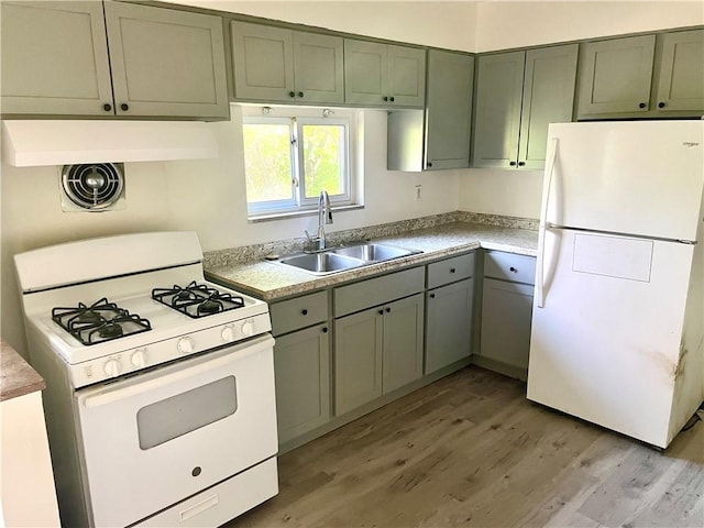kitchen featuring a sink, white appliances, light countertops, and light wood-style floors