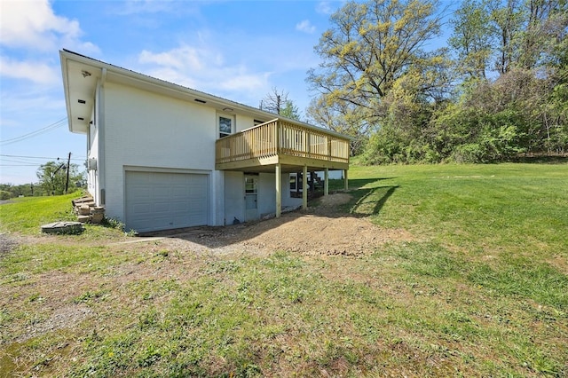 54 Devils Den Rd, Hanover Twp Wsh, PA 15021 - back of property featuring a yard, a wooden deck, an attached garage, and brick siding