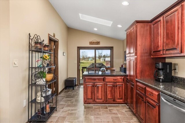 281 Bear Creek Rd, Buffalo Twp But, PA 16055 - kitchen featuring a peninsula, dark brown cabinets, lofted ceiling with skylight, stainless steel dishwasher, and recessed lighting