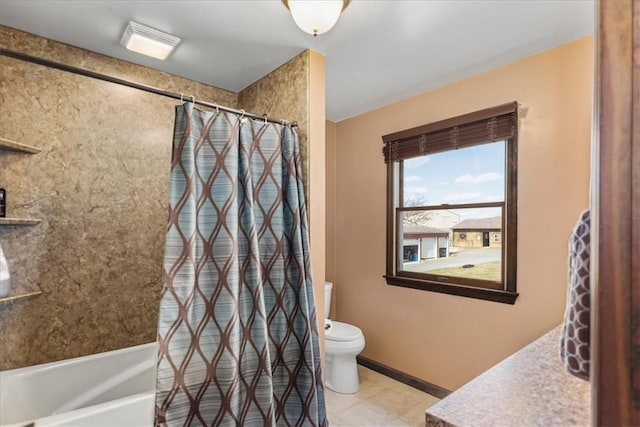 full bath featuring tile patterned floors, toilet, shower / tub combo with curtain, and visible vents
