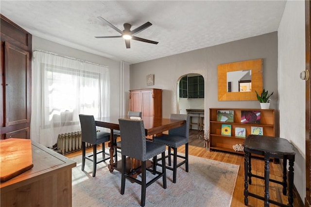 dining space featuring a ceiling fan and light wood finished floors