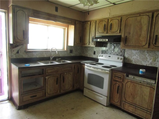 kitchen with a sink, white electric stove, dark countertops, and under cabinet range hood