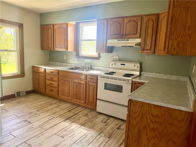 kitchen featuring under cabinet range hood, a sink, white range with electric cooktop, brown cabinets, and light wood-type flooring