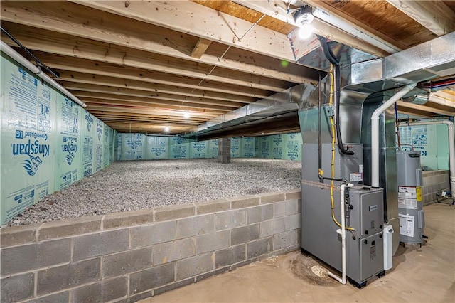 unfinished basement with water heater, concrete block wall, and heating unit