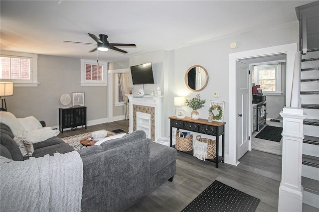 2805 Louisiana Ave, Dormont, PA 15216 - living room with ceiling fan, dark wood-type flooring, and a premium fireplace