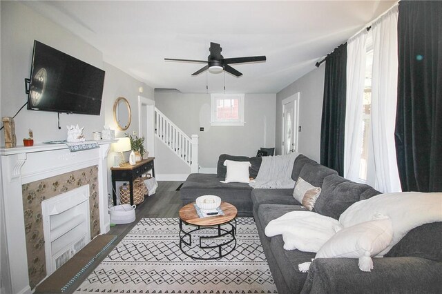 2805 Louisiana Ave, Dormont, PA 15216 - living area with stairs, wood finished floors, and ceiling fan