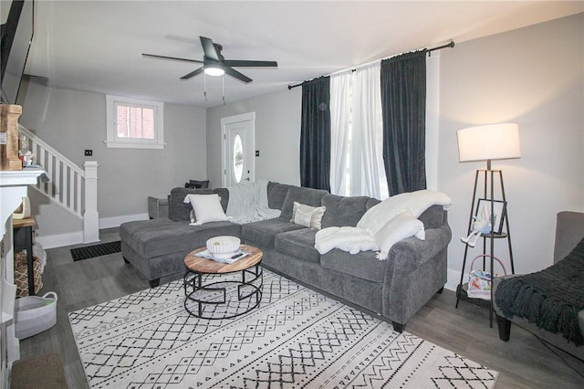 2805 Louisiana Ave, Dormont, PA 15216 - living area featuring wood finished floors, stairway, and ceiling fan