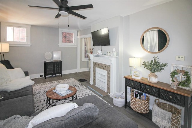 2805 Louisiana Ave, Dormont, PA 15216 - living room featuring ceiling fan, a premium fireplace, and wood finished floors