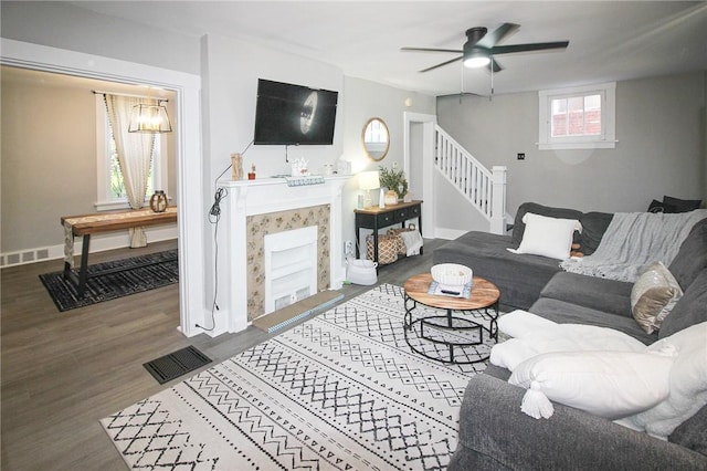 2805 Louisiana Ave, Dormont, PA 15216 - living area featuring stairway, wood finished floors, a ceiling fan, and a chandelier