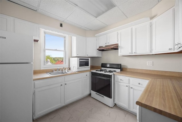 5611 Wickliff St, Lawrenceville, PA 15201 - kitchen with a sink, white appliances, marble finish floor, under cabinet range hood, and a paneled ceiling