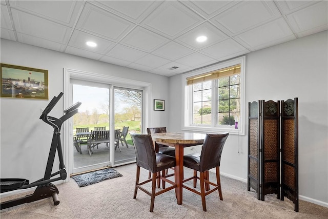 dining space with recessed lighting, visible vents, baseboards, and carpet floors