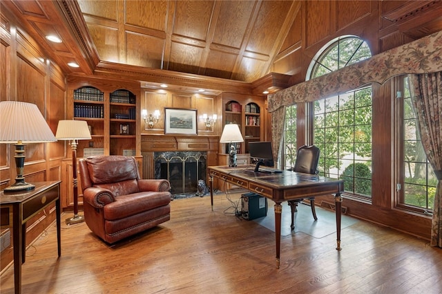 1609 Blackburn Heights Dr, Franklin Park, PA 15143 - office with wood finished floors, a premium fireplace, built in features, wood walls, and wooden ceiling