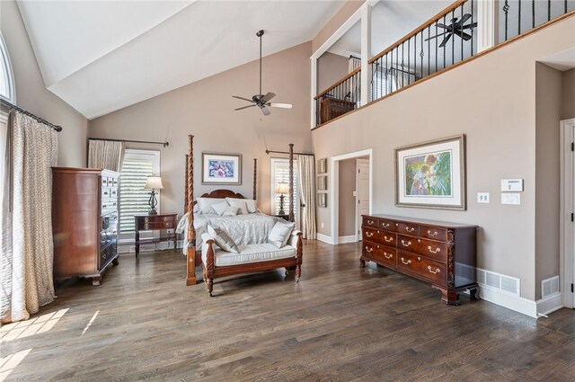 1609 Blackburn Heights Dr, Franklin Park, PA 15143 - bedroom featuring wood finished floors, high vaulted ceiling, visible vents, a ceiling fan, and baseboards