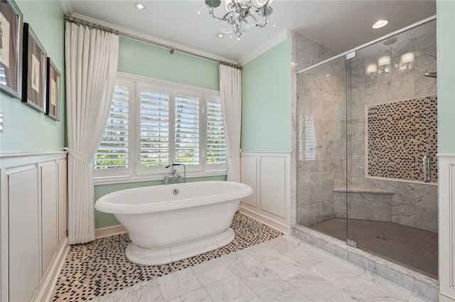 1609 Blackburn Heights Dr, Franklin Park, PA 15143 - bathroom featuring a decorative wall, a stall shower, an inviting chandelier, crown molding, and a freestanding tub