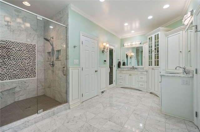 1609 Blackburn Heights Dr, Franklin Park, PA 15143 - bathroom with a stall shower, ornamental molding, and recessed lighting