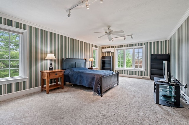 1609 Blackburn Heights Dr, Franklin Park, PA 15143 - bedroom featuring wallpapered walls, multiple windows, a wall mounted air conditioner, rail lighting, and ornamental molding