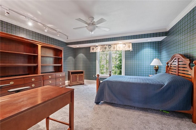 1609 Blackburn Heights Dr, Franklin Park, PA 15143 - carpeted bedroom with crown molding, rail lighting, a ceiling fan, and wallpapered walls