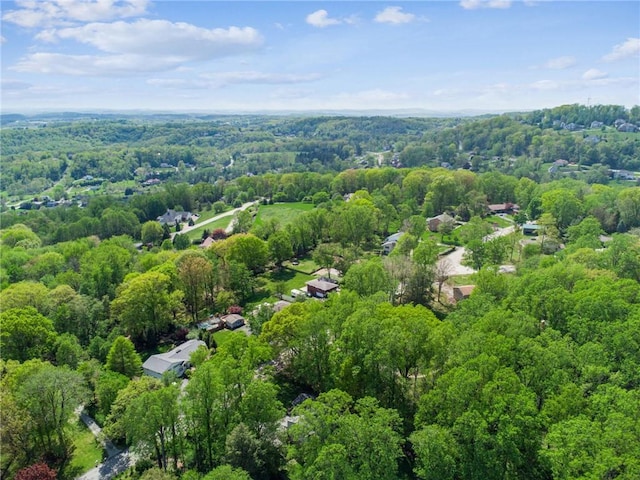 aerial view featuring a wooded view