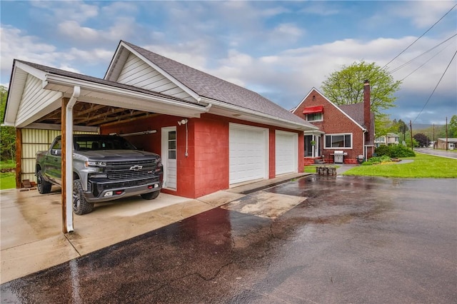 view of home's exterior with a shingled roof and concrete block siding