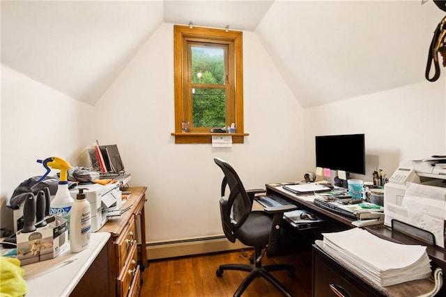 office area with dark wood-type flooring, lofted ceiling, and a baseboard radiator