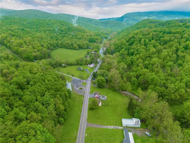 bird's eye view with a wooded view and a mountain view