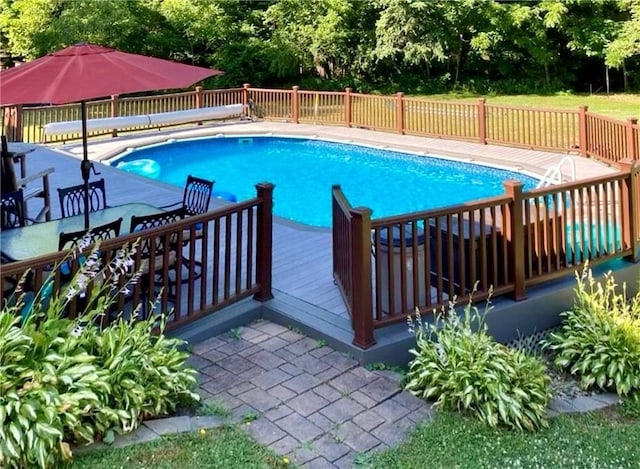 view of pool featuring a wooden deck and a fenced in pool