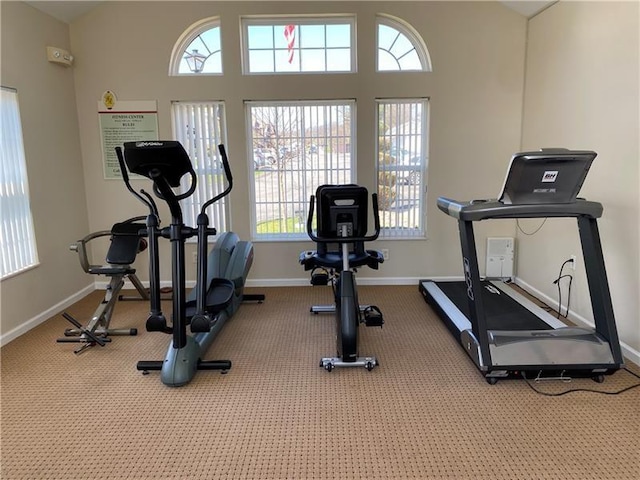 workout room featuring baseboards and carpet