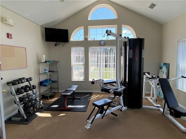 workout room featuring vaulted ceiling, a wealth of natural light, visible vents, and baseboards