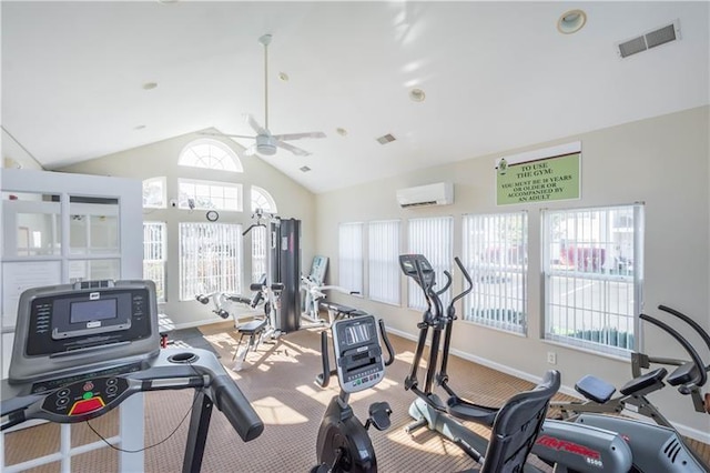 workout area featuring a wall mounted air conditioner, baseboards, ceiling fan, visible vents, and carpet floors