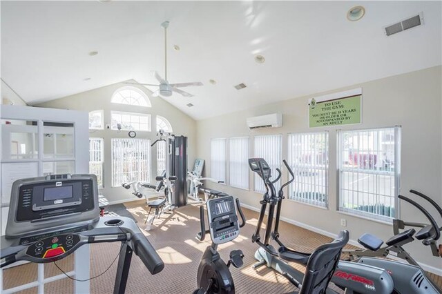 900 Hidden Ridge Ct Unit 202, South Park, PA 15129 - gym featuring a wall mounted AC, a ceiling fan, carpet flooring, baseboards, and high vaulted ceiling
