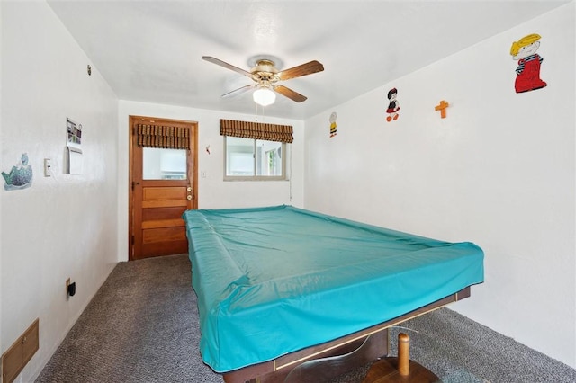 playroom featuring billiards, ceiling fan, and carpet flooring
