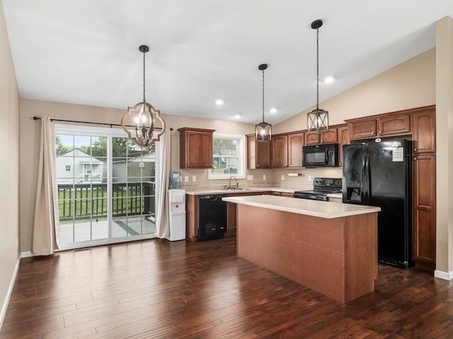 105 Luzerne Ave, South Union Twp, PA 15401 - kitchen featuring a sink, a notable chandelier, black appliances, light countertops, and a kitchen island