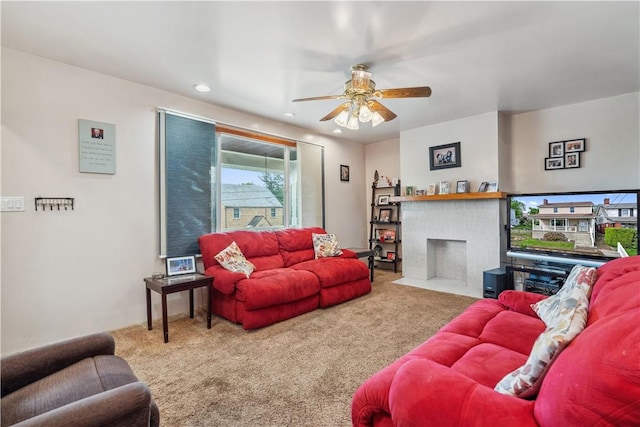 73 Hempstead Ave, West View, PA 15229 - carpeted living room with a ceiling fan, a fireplace with flush hearth, and recessed lighting