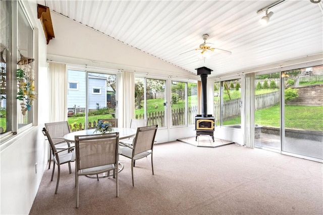 73 Hempstead Ave, West View, PA 15229 - sunroom / solarium featuring carpet flooring, a wood stove, and vaulted ceiling