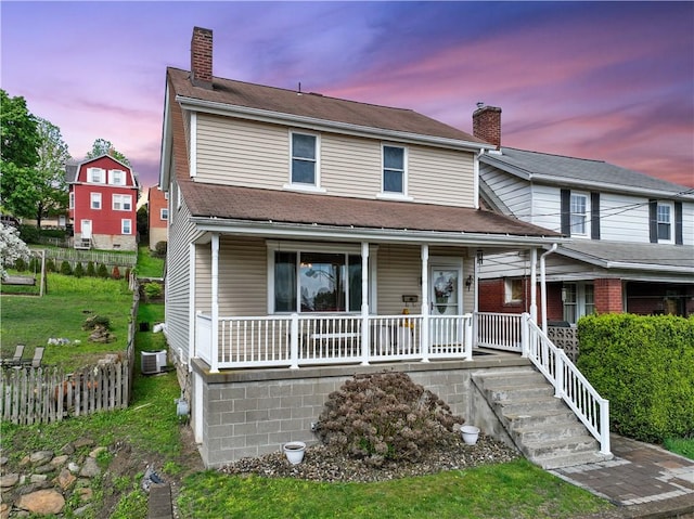 73 Hempstead Ave, West View, PA 15229 - view of front facade featuring covered porch, a chimney, and cooling unit