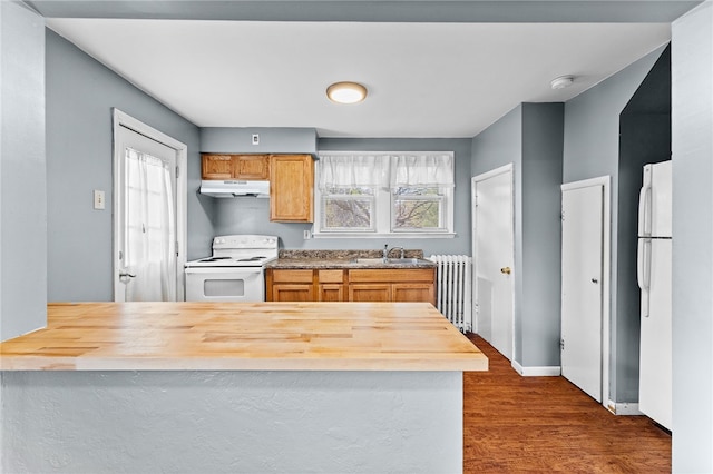 kitchen with white appliances, butcher block countertops, a sink, and under cabinet range hood