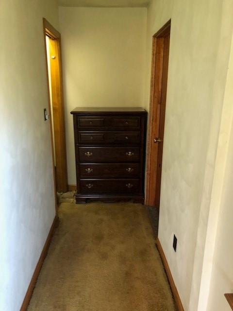 corridor with baseboards and carpet