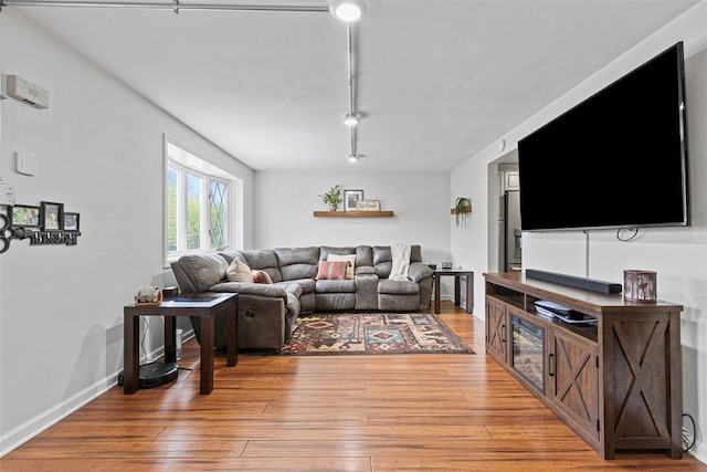 living area featuring rail lighting and light wood-style flooring