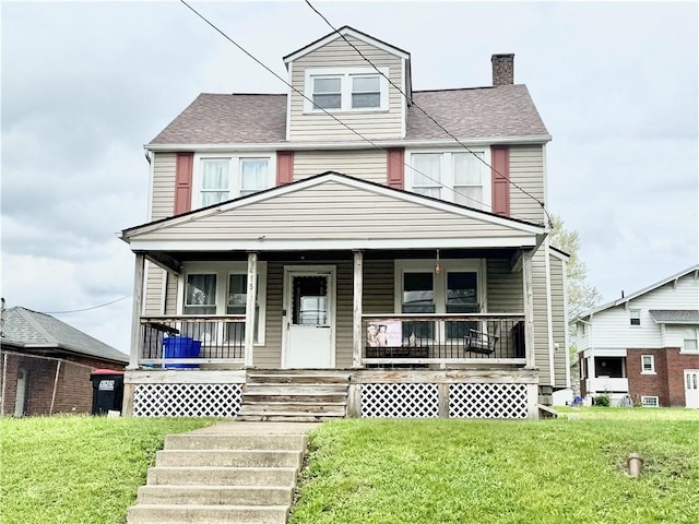1415 E Washington St, New Castle/4Th, PA 16101 - traditional style home with a chimney, a front lawn, a shingled roof, and covered porch
