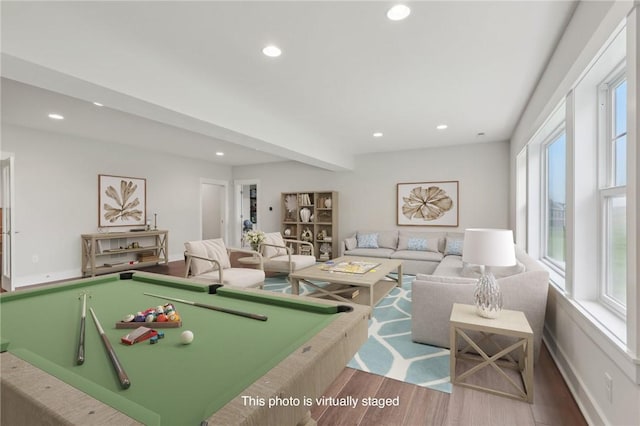 playroom with billiards, recessed lighting, a healthy amount of sunlight, and wood finished floors