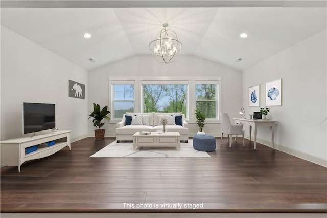 living room with lofted ceiling, recessed lighting, baseboards, a chandelier, and wood finished floors