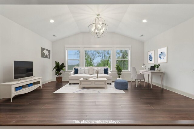 2023 Caymus Ct, Marshall, PA 15005 - living area with a chandelier, wood finished floors, vaulted ceiling, and recessed lighting