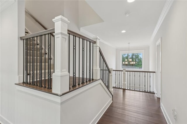 2023 Caymus Ct, Marshall, PA 15005 - stairway featuring a chandelier, crown molding, wood finished floors, and recessed lighting