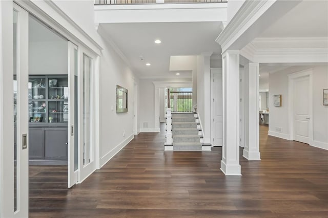 2023 Caymus Ct, Marshall, PA 15005 - entryway with crown molding, wood finished floors, recessed lighting, decorative columns, and stairs