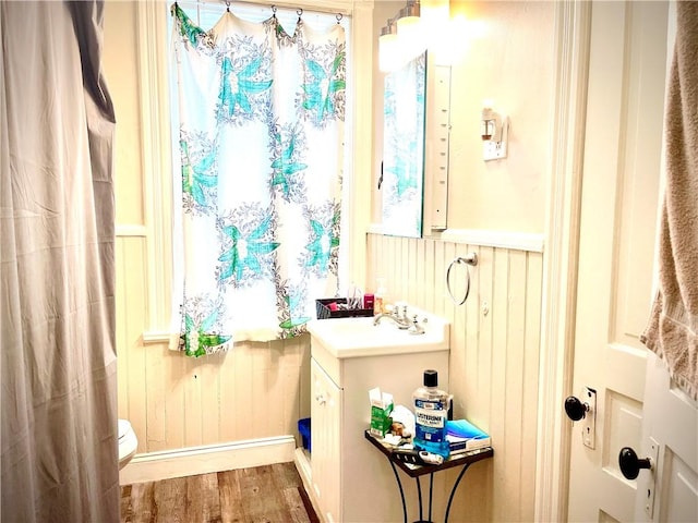 bathroom featuring vanity, wood walls, and wood finished floors