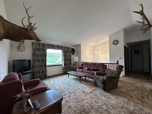 861 Chicora Rd, Oakland Twp, PA 16025 - living room featuring vaulted ceiling, an inviting chandelier, and carpet