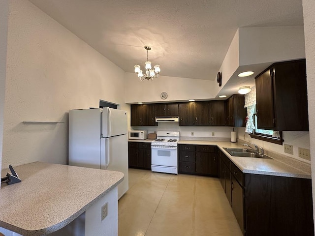 861 Chicora Rd, Oakland Twp, PA 16025 - kitchen with under cabinet range hood, dark brown cabinets, white appliances, a sink, and vaulted ceiling