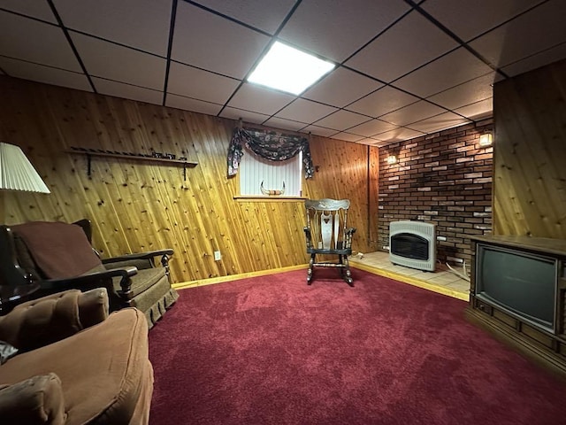 861 Chicora Rd, Oakland Twp, PA 16025 - sitting room featuring wood walls, carpet, heating unit, a paneled ceiling, and baseboards
