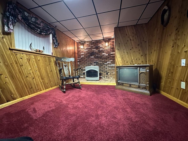 861 Chicora Rd, Oakland Twp, PA 16025 - sitting room with wood walls, baseboards, a brick fireplace, and carpet floors